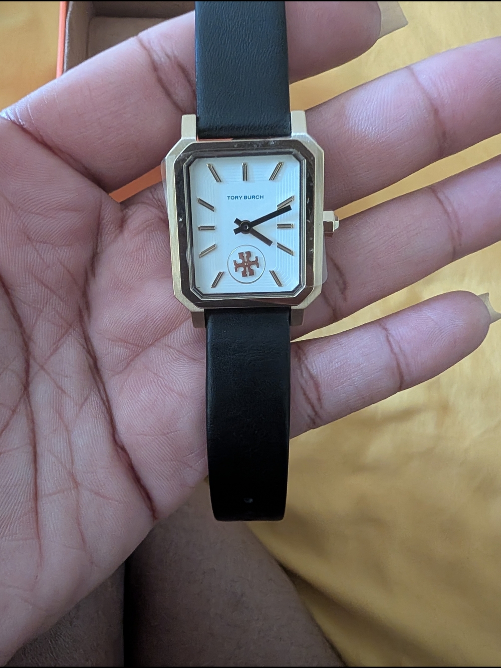 Tory Burch Gold-Tone Rectangular Watch with Black Strap
